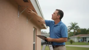 Inspección de mitigación de viento en Florida — inspector revisando el techo de una casa, Sebanda Insurance