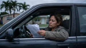 PIP en Florida 2026: conductora revisando los papeles de su seguro de auto - Sebanda Insurance Florida