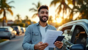 Seguro de auto sin licencia en Florida: conductor hispano con documentos junto a su carro - Sebanda Insurance
