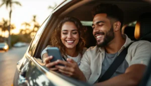Seguro de auto barato en Florida: pareja hispana feliz cotizando aseguranza económica - Sebanda Insurance