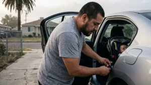 Seguro de auto para papás en Florida - papá hispano instala el asiento del bebé - Sebanda Insurance