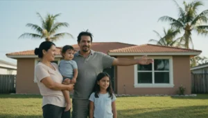 Seguro de casa en Florida — familia hispana frente a su casa protegida con Sebanda Insurance