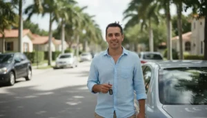 Seguros de autos en Miami: conductor hispano junto a su carro cotizando con Sebanda Insurance en Florida