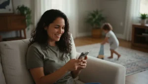 Mujer hispana en su sala en Florida usando el celular para aplicar a Obamacare, aliviada tras inscribirse en un plan de salud