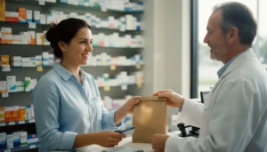 Mujer hispana recogiendo su receta en la farmacia con su tarjeta de plan médico en Florida