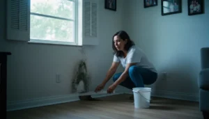 Propietaria hispana en Florida revisando el moho y la mancha de agua detrás del zócalo, un daño que muestra qué no cubre el seguro de casa en Florida