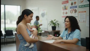 Madre hispana con su bebé en una clínica comunitaria de Florida tras cumplir los requisitos de Medicaid