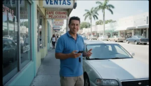 Conductor hispano junto a su carro en una calle de Hialeah tras conseguir un mejor precio en su seguro de auto en Hialeah