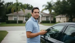 Seguro de auto en Orlando Florida - hombre hispano junto a su carro | Sebanda Insurance