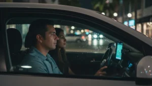 Conductor hispano de Uber manejando de noche en una calle de Florida con la app en el soporte del parabrisas y una pasajera en el asiento trasero, cubierto con un seguro de auto para Uber en Florida