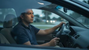 Conductor hispano preocupado en su carro en Florida pensando en su seguro de auto tras un DUI