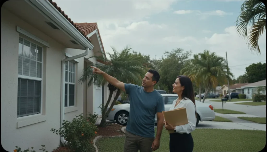 Propietario hispano en Miami señalando el techo de su casa junto a una agente de seguros que revisa su póliza, ilustrando el seguro de casa en Miami