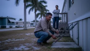 Propietario hispano revisando los tie-downs de anclaje de su casa móvil en una comunidad de mobile homes en Florida, protegido con un seguro de casa móvil en Florida