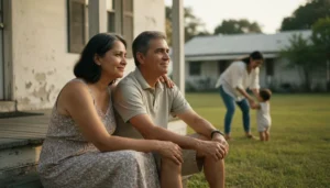 Pareja hispana madura en el porche de su casa en Florida mirando a su hija adulta y su nieto, protegidos con un seguro de vida para mayores de 50 años