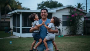Padre hispano sano jugando con sus hijos en el patio, protegido con seguro de vida sin examen médico en Florida