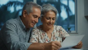 Seguro de gastos finales en Florida — pareja mayor hispana revisa su plan con Sebanda Insurance