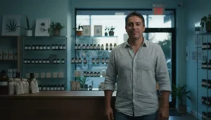 Seguro para tiendas de CBD en Florida — dueño hispano en su tienda de productos de cáñamo con Sebanda Insurance